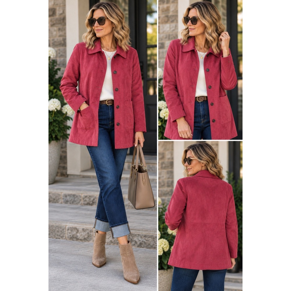 London Fog Jacket Faux Suede Pink/Dusty Raspberry Quilted Lined Car Coat XL